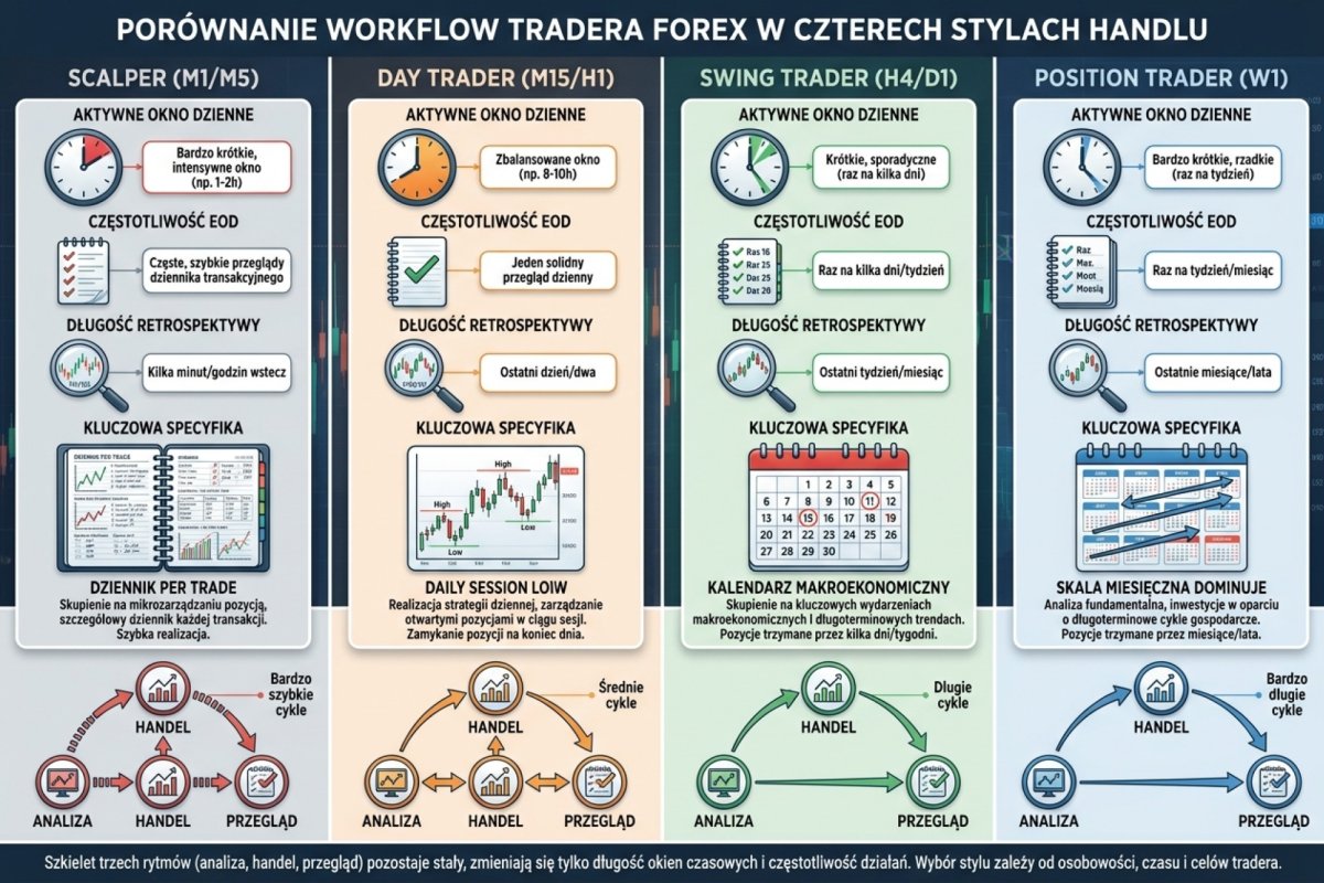 Porównanie workflow tradera Forex w czterech stylach handlu — scalper M1/M5, day trader M15/H1, swing H4/D1, position trader W1. Cztery kolumny z aktywnym oknem dziennym, częstotliwością EOD, długością retrospektywy i kluczową specyfiką. Skala miesięczna dominuje u position tradera, kalendarz makro u swinga, dziennik per trade u scalpera. Wizualizacja pokazuje, że szkielet trzech rytmów zostaje stały, zmieniają się tylko długości okien i częstotliwości