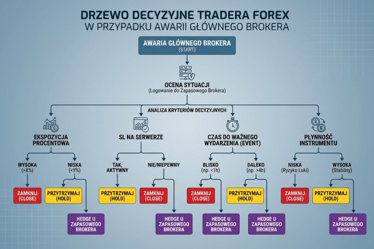 Drzewo decyzyjne tradera Forex w przypadku awarii głównego brokera — potwierdzenie stanu pozycji kanałem niezależnym jako warunek wstępny, dopiero potem kryteria close, hold i hedge u zapasowego brokera
