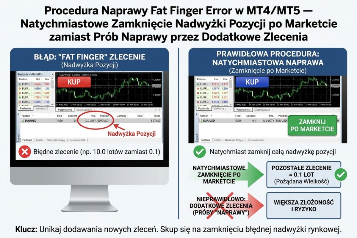 Procedura naprawy fat finger error w MT4/MT5 — natychmiastowe zamknięcie nadwyżki pozycji po marketcie zamiast prób naprawy przez dodatkowe zlecenia