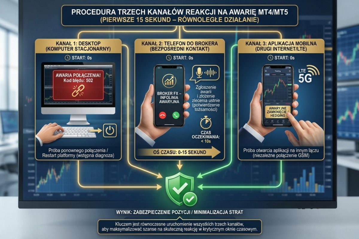 Procedura trzech kanałów reakcji na awarię platformy MT4/MT5 — desktop, telefon do brokera, aplikacja mobilna na drugim internecie, równolegle w pierwszych 15 sekundach