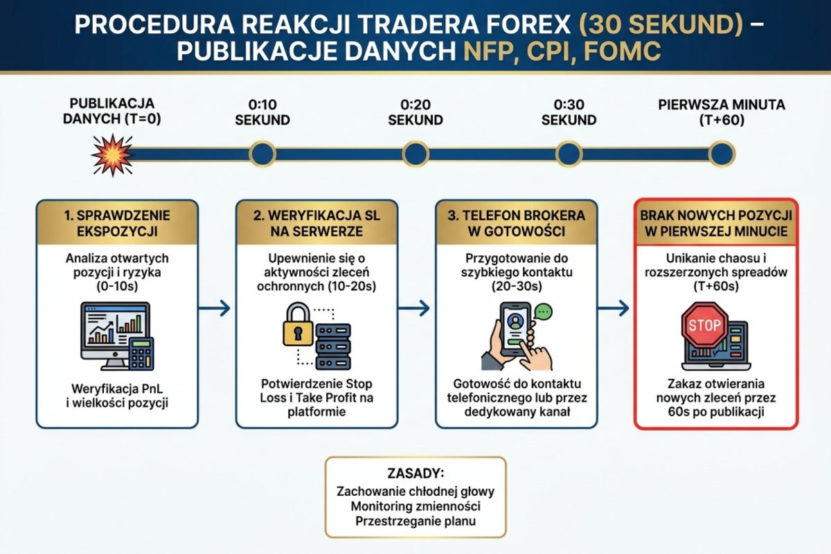 Flowchart 30-sekundowej procedury reakcji tradera Forex w trakcie publikacji danych makro NFP CPI FOMC — sprawdzenie ekspozycji, weryfikacja SL na serwerze, telefon brokera w gotowości, brak nowych pozycji w pierwszej minucie po publikacji