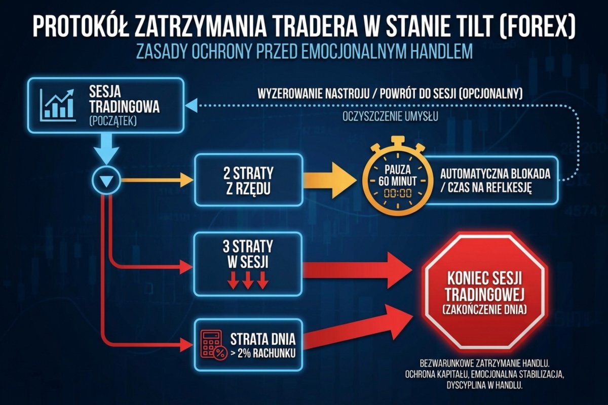 Protokół zatrzymania tradera w stanie tilt — pauza 60 minut po 2 stratach z rzędu, koniec sesji po 3 stratach albo po przekroczeniu limitu dziennego z planu tradingowego; warunkiem powrotu jest przegląd procesu, nie odrobienie straty