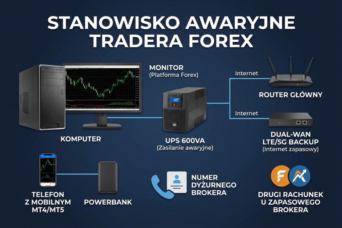 Stanowisko tradera Forex z redundancją — zasilanie awaryjne, zapasowe łącze LTE i telefon z aplikacją mobilną MT jako kolejne warstwy, po których wyczerpaniu zaczyna się procedura kryzysowa opisana w tej sekcji