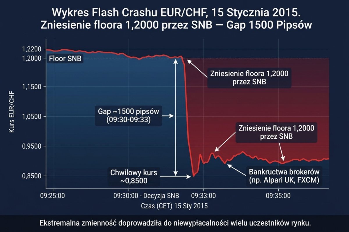 Flash crash EUR/CHF 15 stycznia 2015 po decyzji SNB o zniesieniu floora 1,2000 — ilustracja tempa ruchu z tabeli powyżej: ok. 500 pipsów w pierwszej minucie i łącznie ok. 3500 pipsów do okolic udokumentowanego minimum dnia