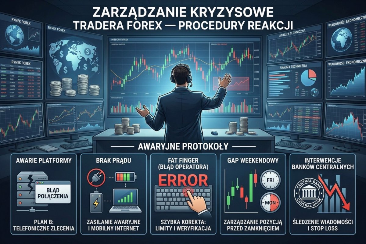 Zarządzanie kryzysowe tradera Forex — procedury reakcji na awarie platformy, brak prądu, fat finger, gap weekendowy i interwencje banków centralnych
