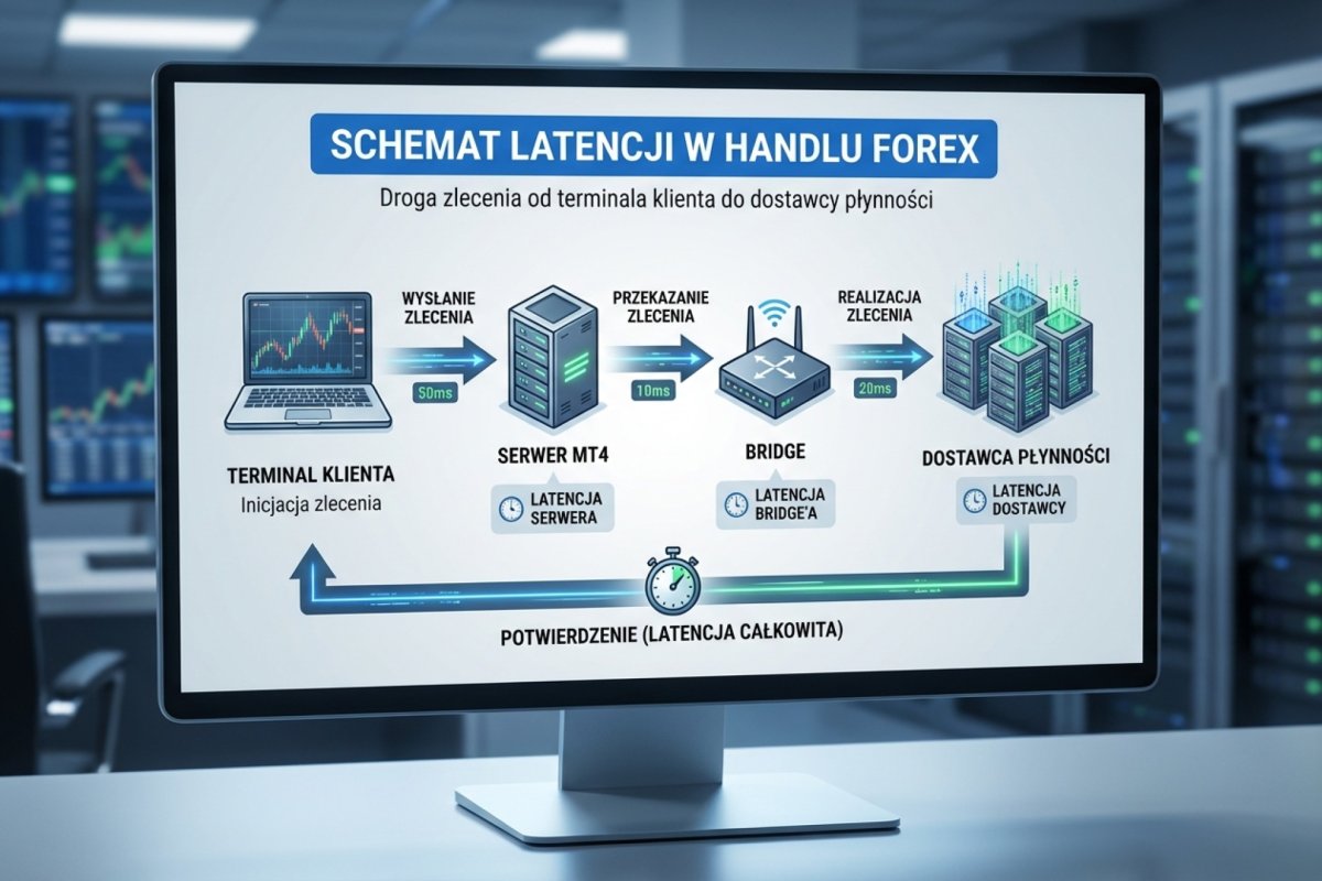 Schemat latencji: terminal klienta → serwer MT4 → bridge → dostawca płynności