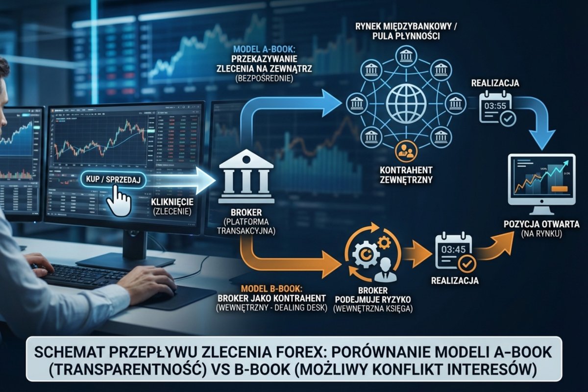 Broker jako kontrahent — model A-Book vs B-Book i przepływ zlecenia od kliknięcia do realizacji