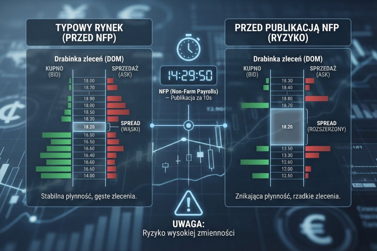 Drabinka zleceń (DOM) — spread widening przed publikacją NFP, znikająca płynność