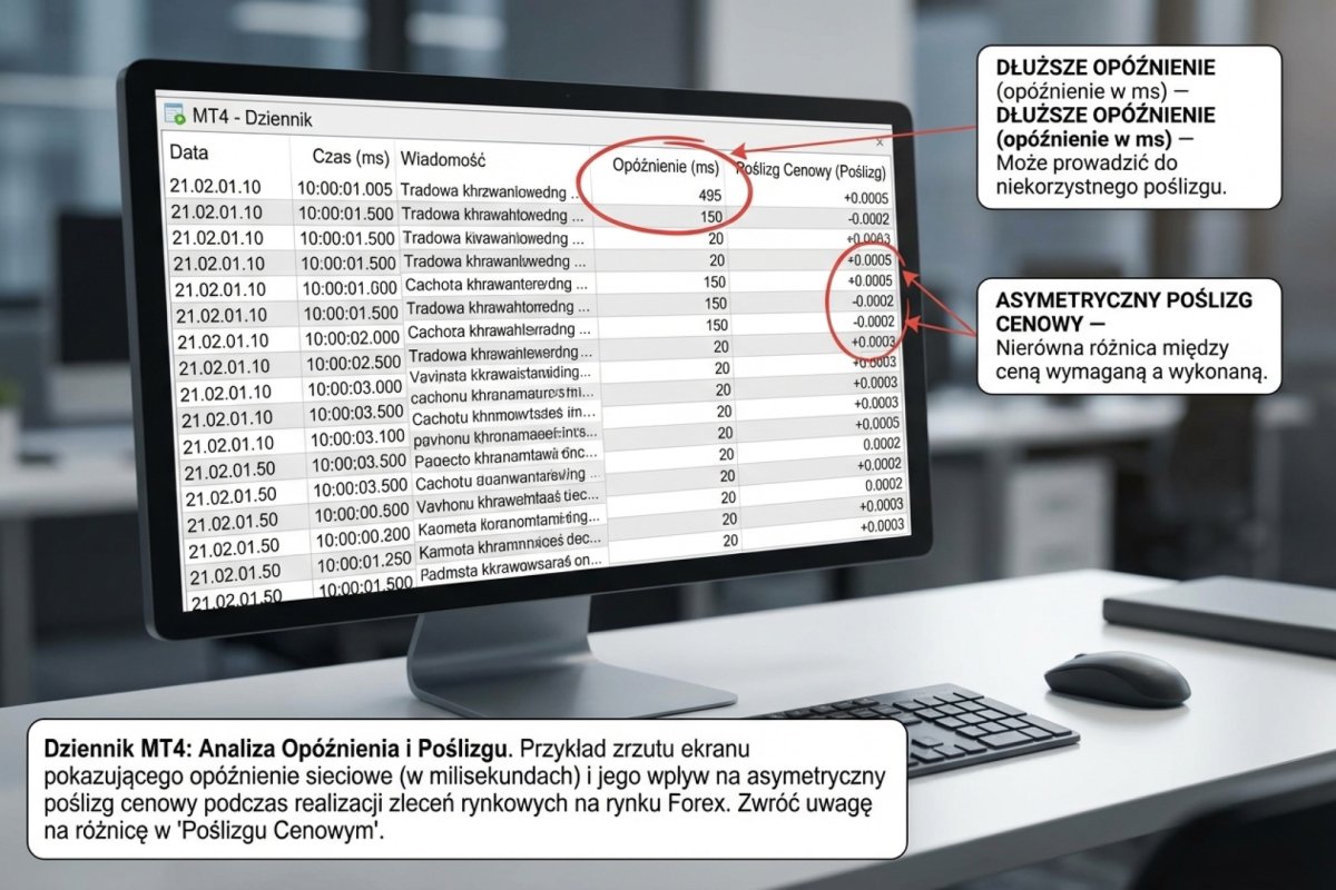 Zrzut ekranu z Dziennika MT4 — opóźnienie w milisekundach i asymetryczny poślizg cenowy
