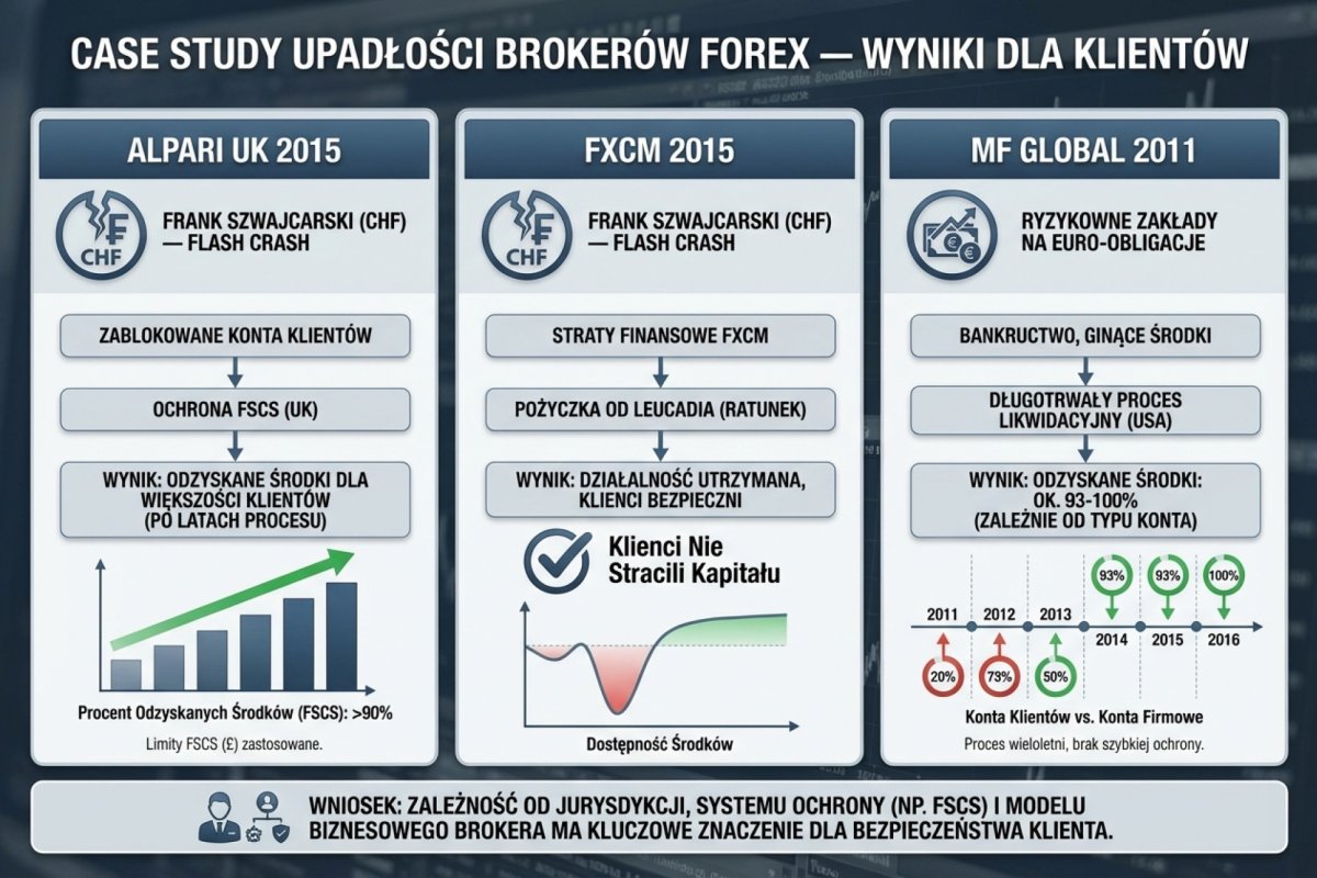 Trzy udokumentowane zdarzenia: Alpari UK — postępowanie szczególne od 19 stycznia 2015, MF Global — dystrybucja końcowa od 4 kwietnia 2014, FXCM — zarządzenie CFTC z 6 lutego 2017