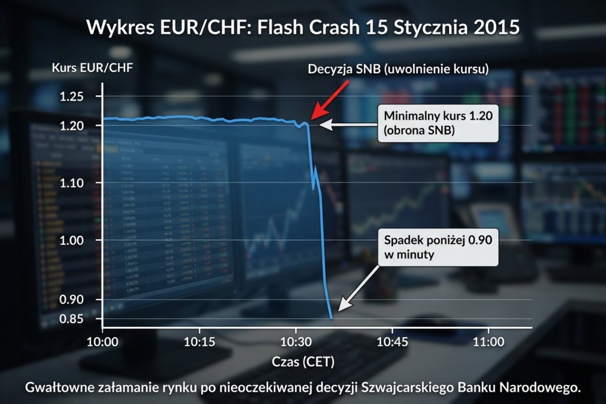 Kurs EUR/CHF 15 stycznia 2015 — gwałtowny spadek po decyzji Szwajcarskiego Banku Narodowego o zniesieniu minimalnego kursu i zanik ciągłości kwotowań