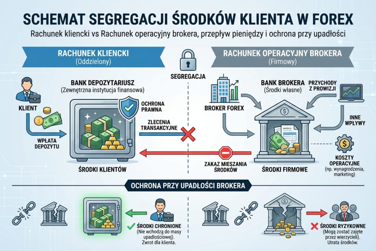 Droga wpłaty klienta: rachunek firmy inwestycyjnej, wyodrębniony rachunek klientów, bank przechowujący środki oraz konsekwencje przy upadłości