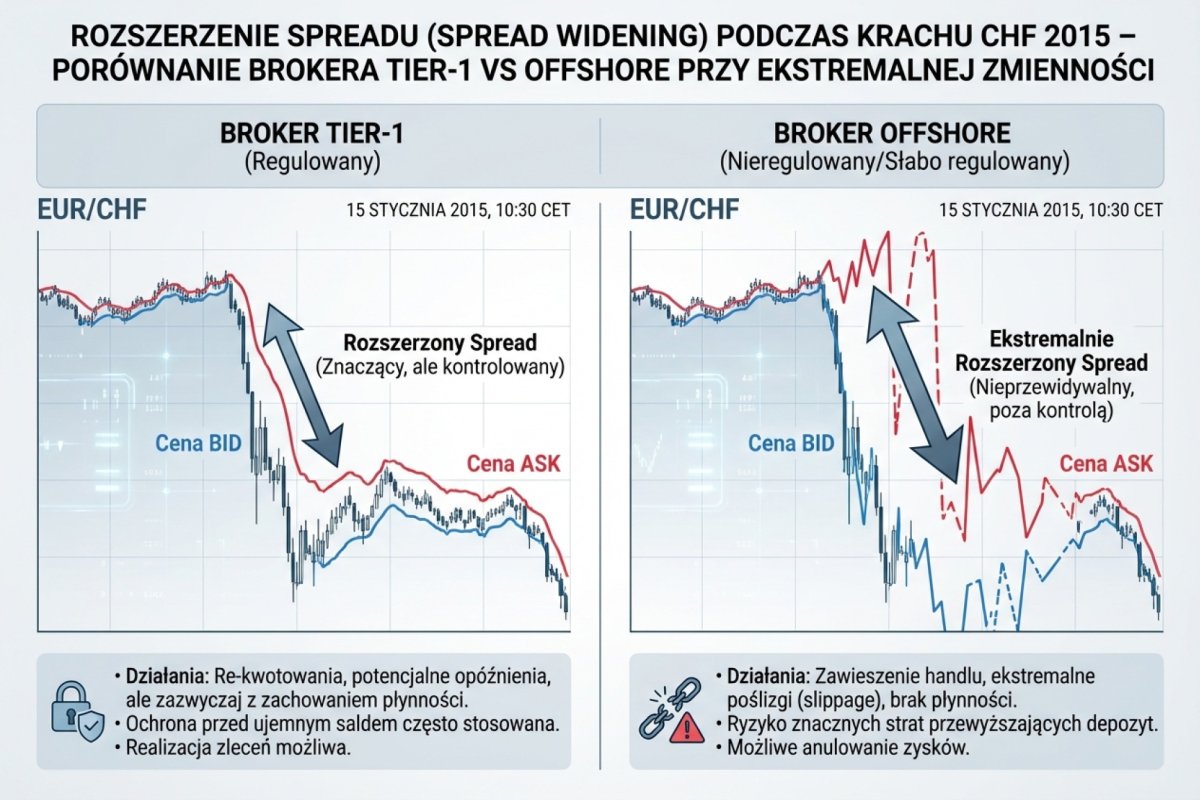 Rozszerzenie spreadu podczas gwałtownego ruchu rynku — mechanizm zaniku płynności i jego wpływ na wykonanie zleceń obronnych