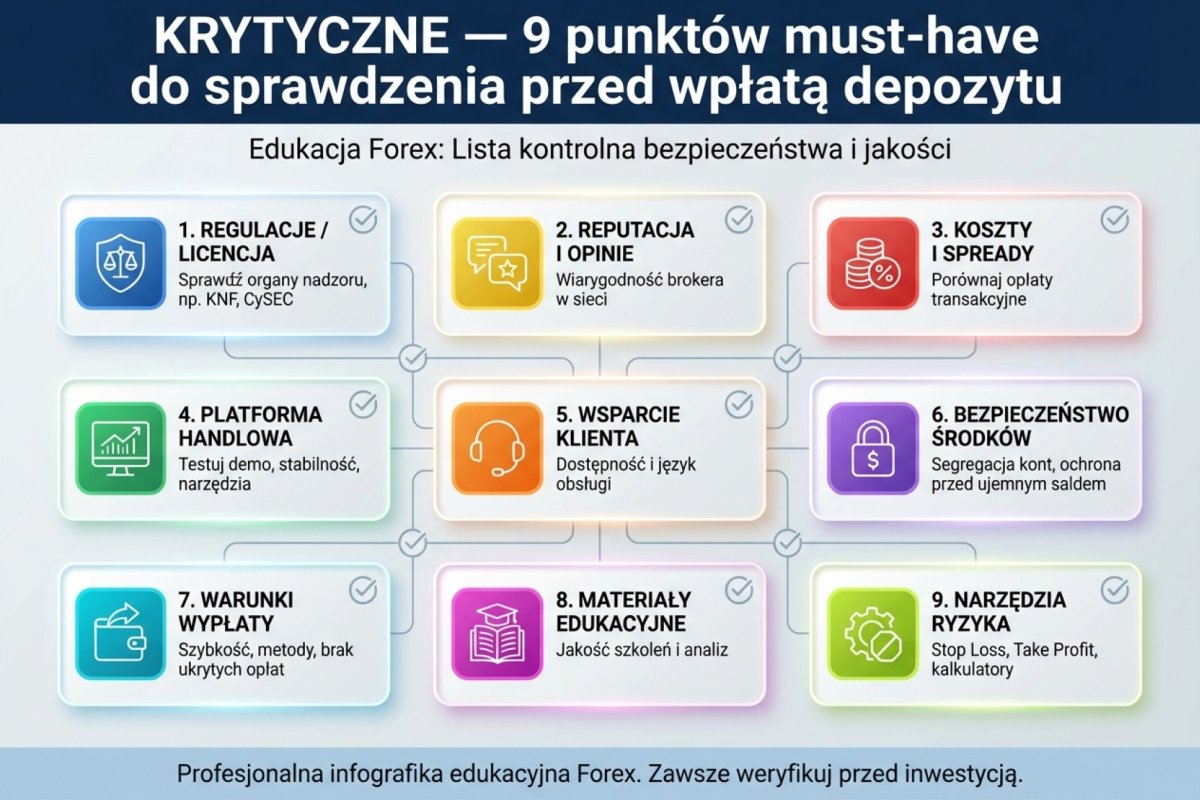 Dziewięć bramek krytycznych: rodzaj rachunku, instrument, status klienta, system rekompensat, wyodrębnienie środków, ochrona przed ujemnym saldem, polityka wykonania zleceń, ścieżka sporu i czerwone flagi