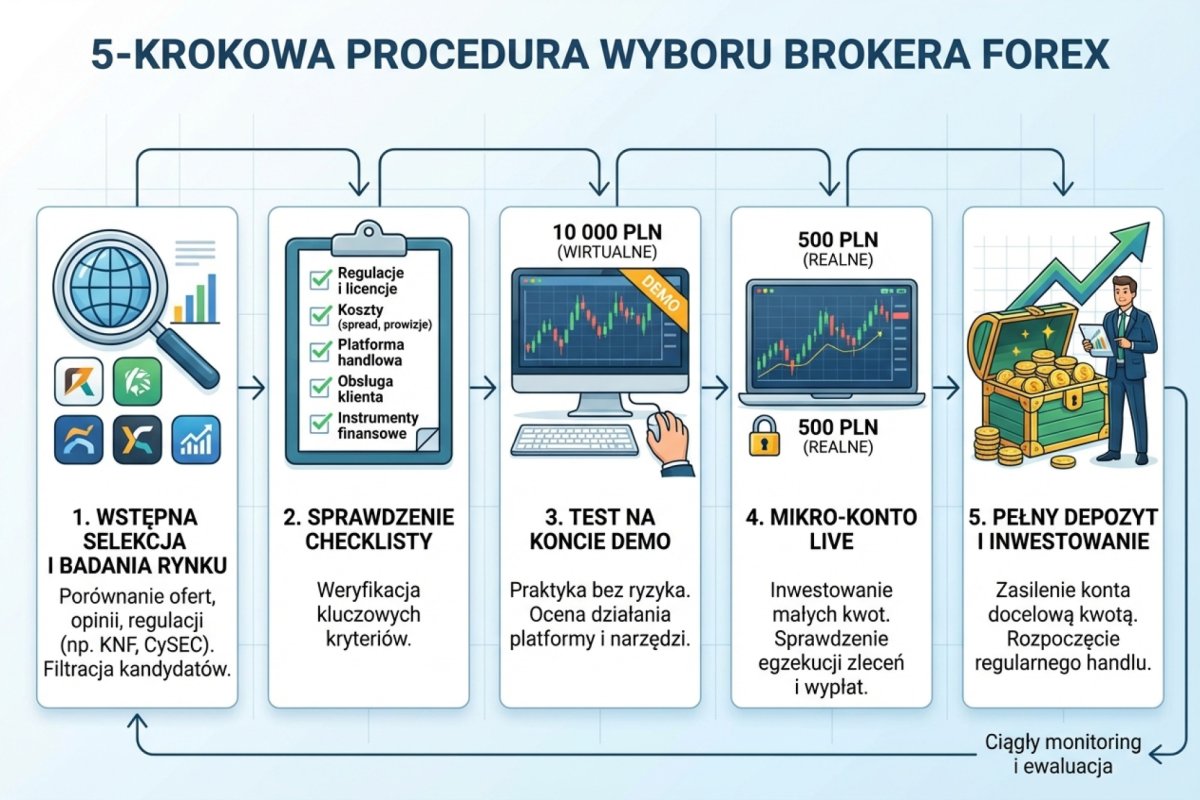 Procedura wyboru dostawcy w pięciu krokach: lista kandydatów, czternaście bramek, punktacja i demo, mikro-wpłata z protokołem trzydziestu dni, pełna wpłata