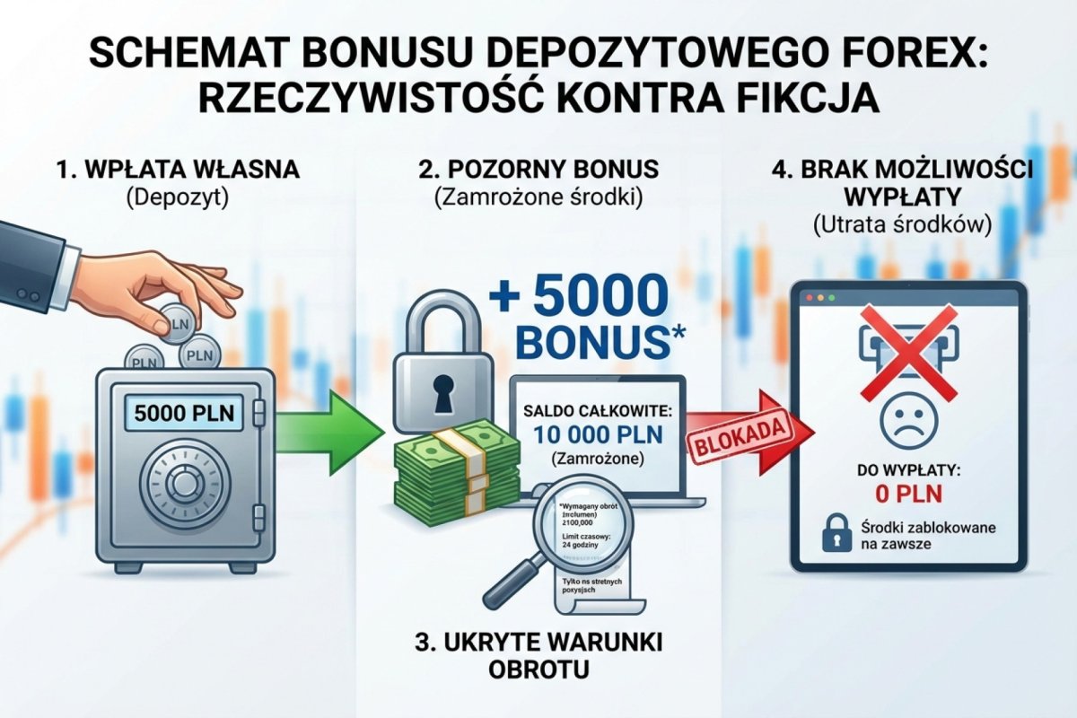 Schemat warunku bonusowego — wpłata, przyznany kredyt promocyjny i wymagany obrót, którego wielkość zależy od przyjętej jednostki: lotów albo wartości nominalnej