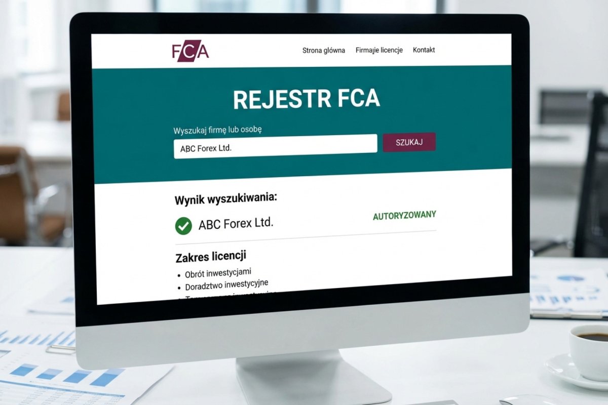 Zrzut z rejestru FCA — pole wyszukiwania, nazwa podmiotu, status zezwolenia i zakres uprawnień; rejestr oznacza także firmy podszywające się pod podmiot autoryzowany