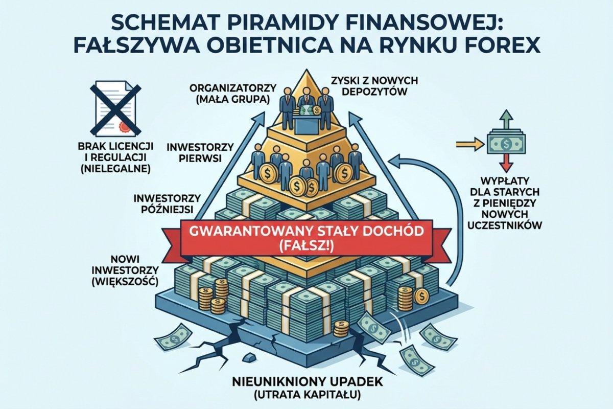 Mechanizm obietnicy stałego dochodu — wpłaty nowych uczestników jako źródło wypłat dla wcześniejszych, brak zezwolenia zarządzającego i brak weryfikowalnego wyniku