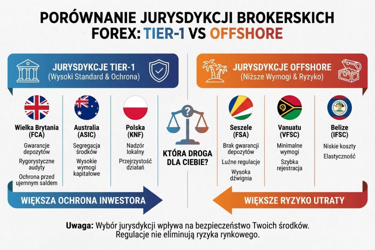 Porównanie reżimów dźwigni — Polska: depozyt 3,33% dla klienta detalicznego i 1% dla klienta doświadczonego; Stany Zjednoczone: depozyt 2% dla par głównych i 5% dla pozostałych; jurysdykcje offshore bez limitu