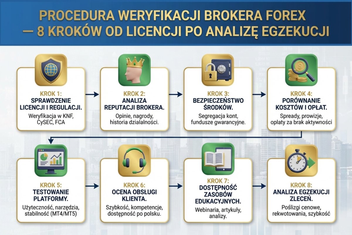 Sześć kroków weryfikacji przed wpłatą — nazwa podmiotu, domena, regulator, rejestr, lista ostrzeżeń KNF i beneficjent przelewu jako ostatni punkt kontroli