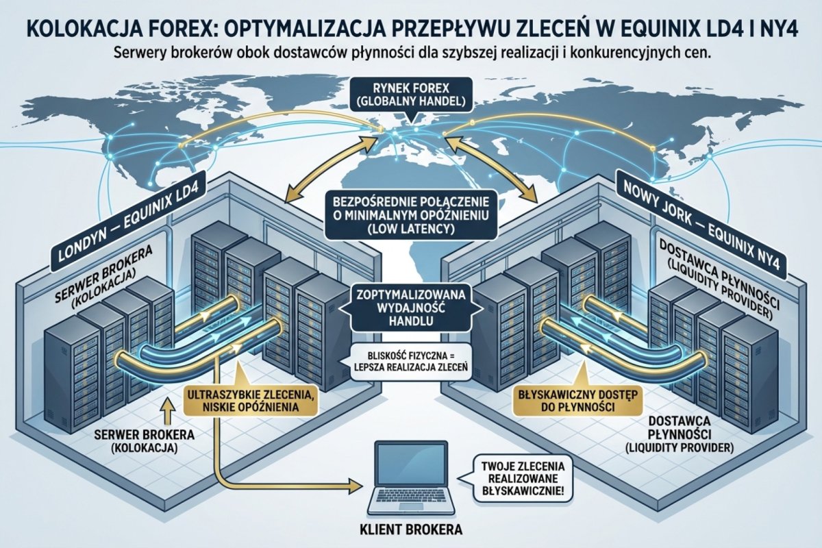 Centra danych Equinix LD4 i NY4 jako węzły rynku walutowego — środowisko, w którym część brokerów utrzymuje serwery produkcyjne