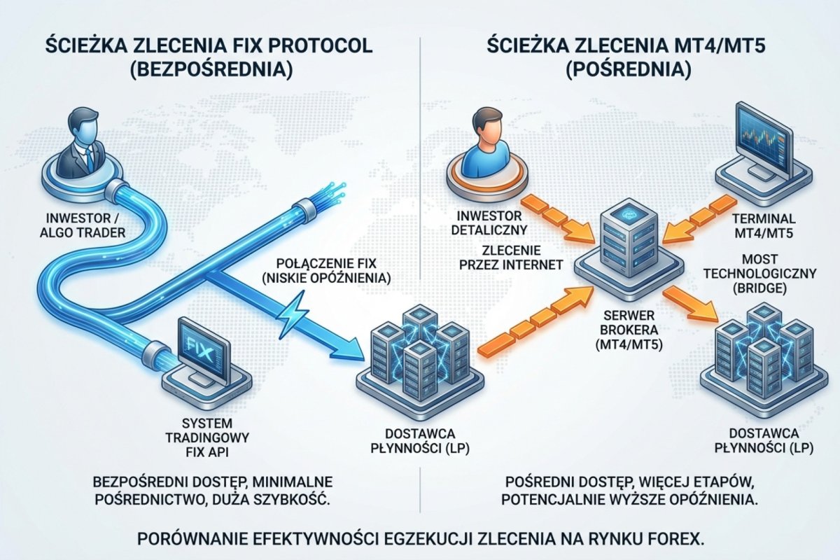 Sesja FIX z pominięciem platformy detalicznej w porównaniu ze ścieżką zlecenia przez MT4 lub MT5