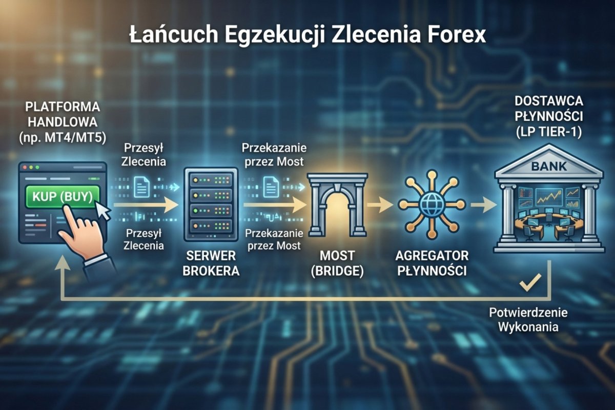 Łańcuch wykonania zlecenia Forex — od kliknięcia Buy przez platformę i serwer brokera do rozgałęzienia na routing zewnętrzny albo rozliczenie w księdze brokera
