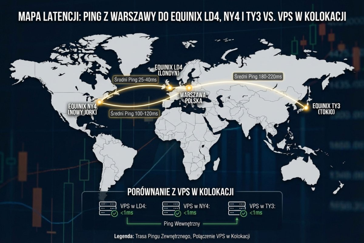 Odległość sieciowa z Polski do europejskich i amerykańskich węzłów rynku walutowego — rząd wielkości opóźnienia
