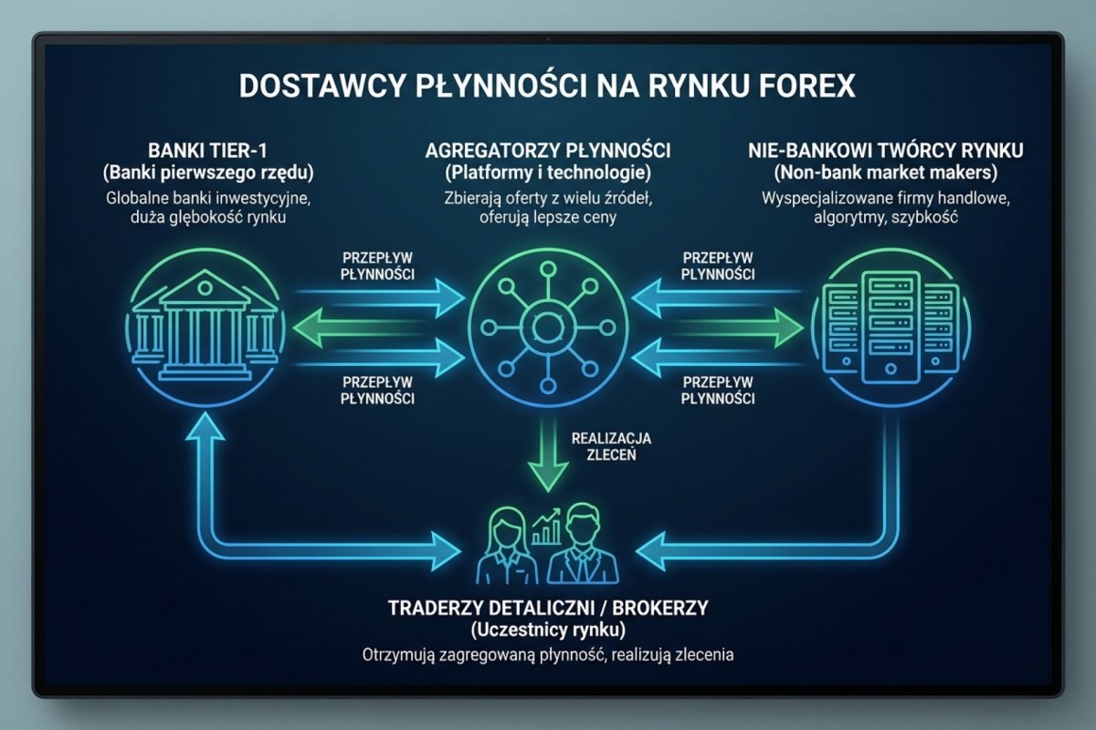 Trzy typy źródeł ceny w detalicznym Forex — banki, niebankowi animatorzy rynku i pośrednicy agregujący płynność