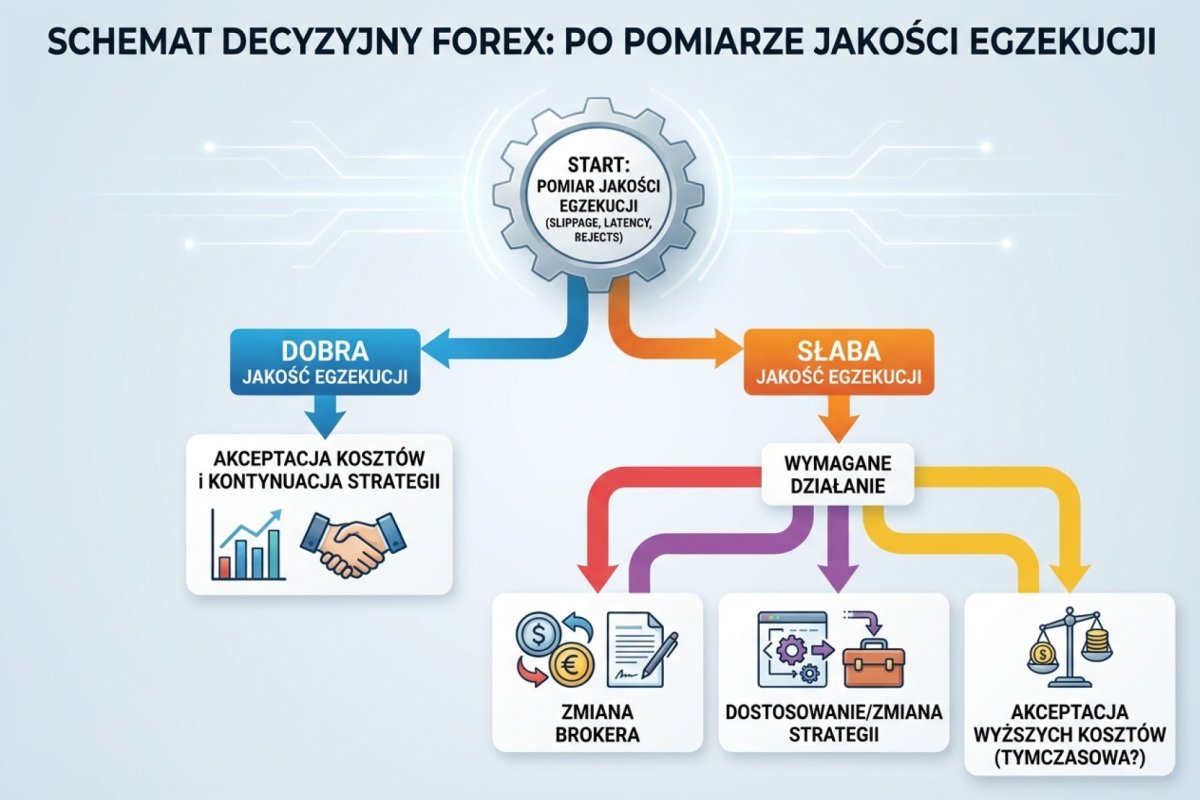 Schemat decyzyjny po pomiarze jakości wykonania — zmiana podmiotu, dostosowanie strategii albo wbudowanie kosztu w model