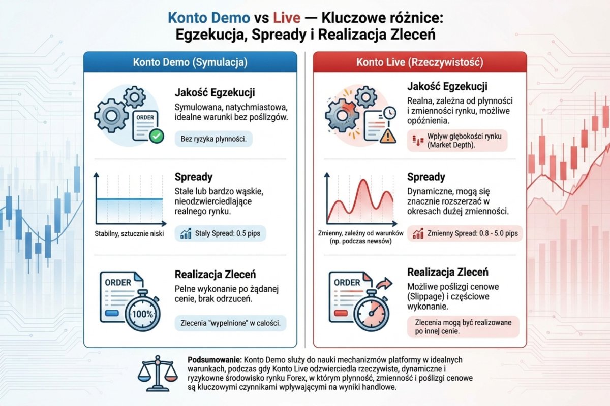 Konto demo vs live — różnice w jakości wykonania, spreadach i realizacji zleceń wynikające z braku kontrahenta na demo