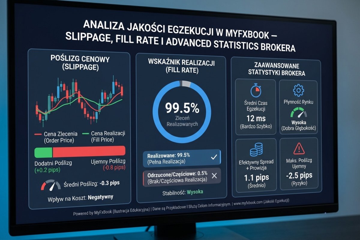 Analiza jakości egzekucji w narzędziu statystycznym — mediana poślizgu, fill rate i czas realizacji zebrane z rachunku live