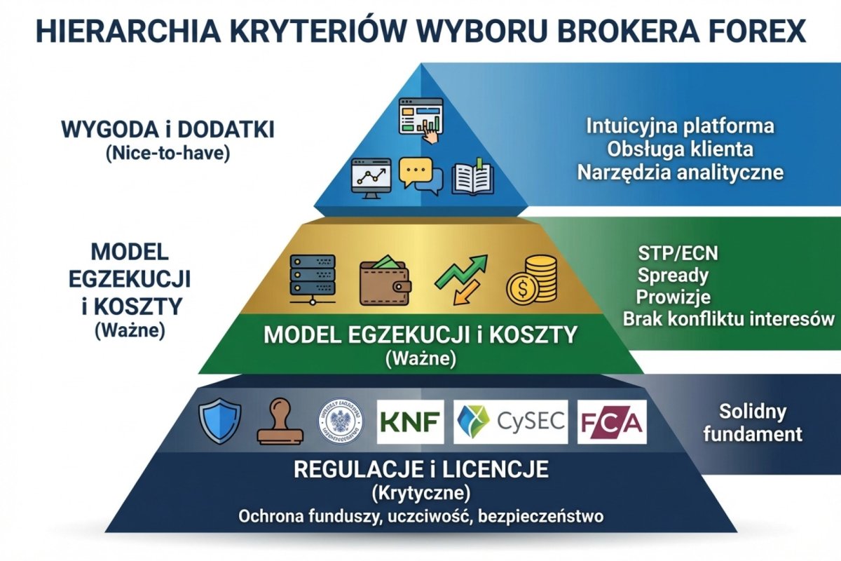 Lejek wyboru brokera Forex — osiem szczebli od podmiotu prawnego, legalności, bezpieczeństwa środków i produktu po koszty, egzekucję, funkcjonalność i wygodę