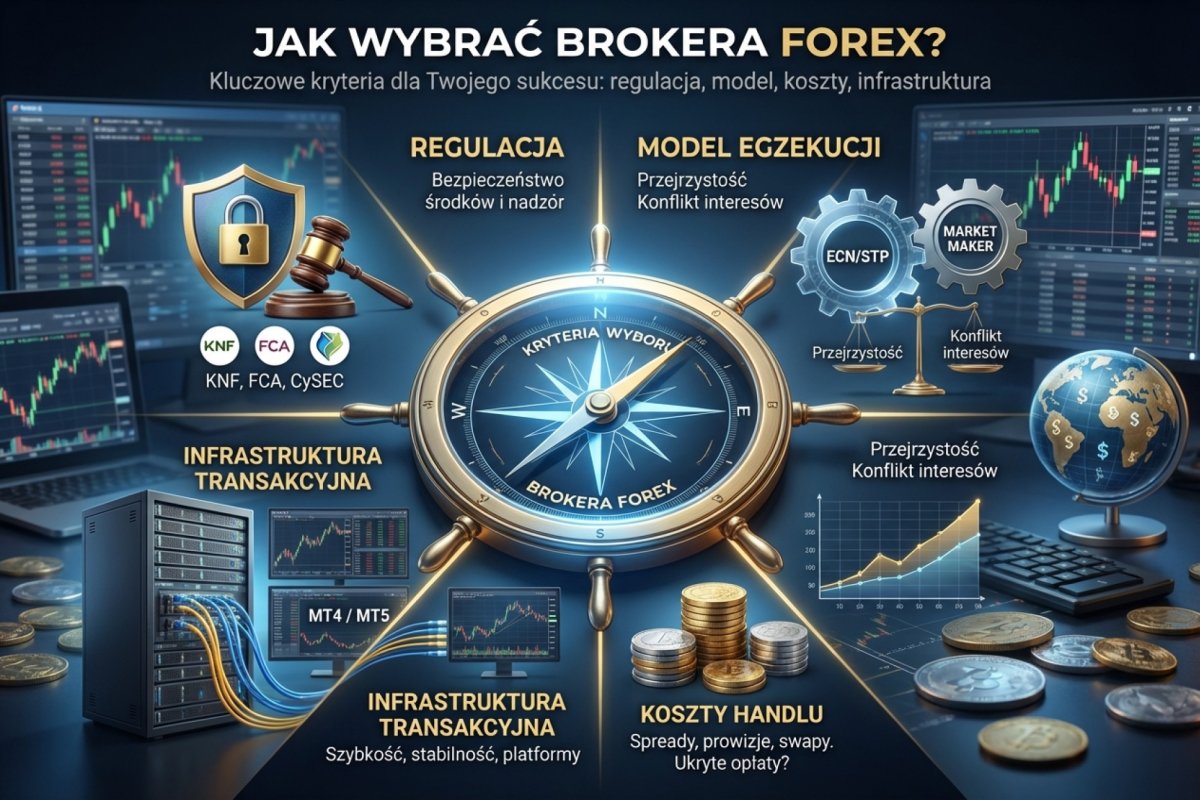 Lejek wyboru brokera Forex — osiem szczebli od podmiotu prawnego i legalności przez bezpieczeństwo środków i produkt po koszty, egzekucję, funkcjonalność i wygodę