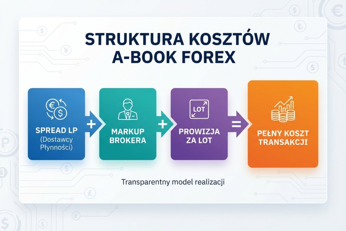 Struktura kosztu w modelu A-Book: spread otrzymany od dostawcy płynności, marża doliczona przez firmę i prowizja za lot złożone w jeden koszt płacony przez klienta