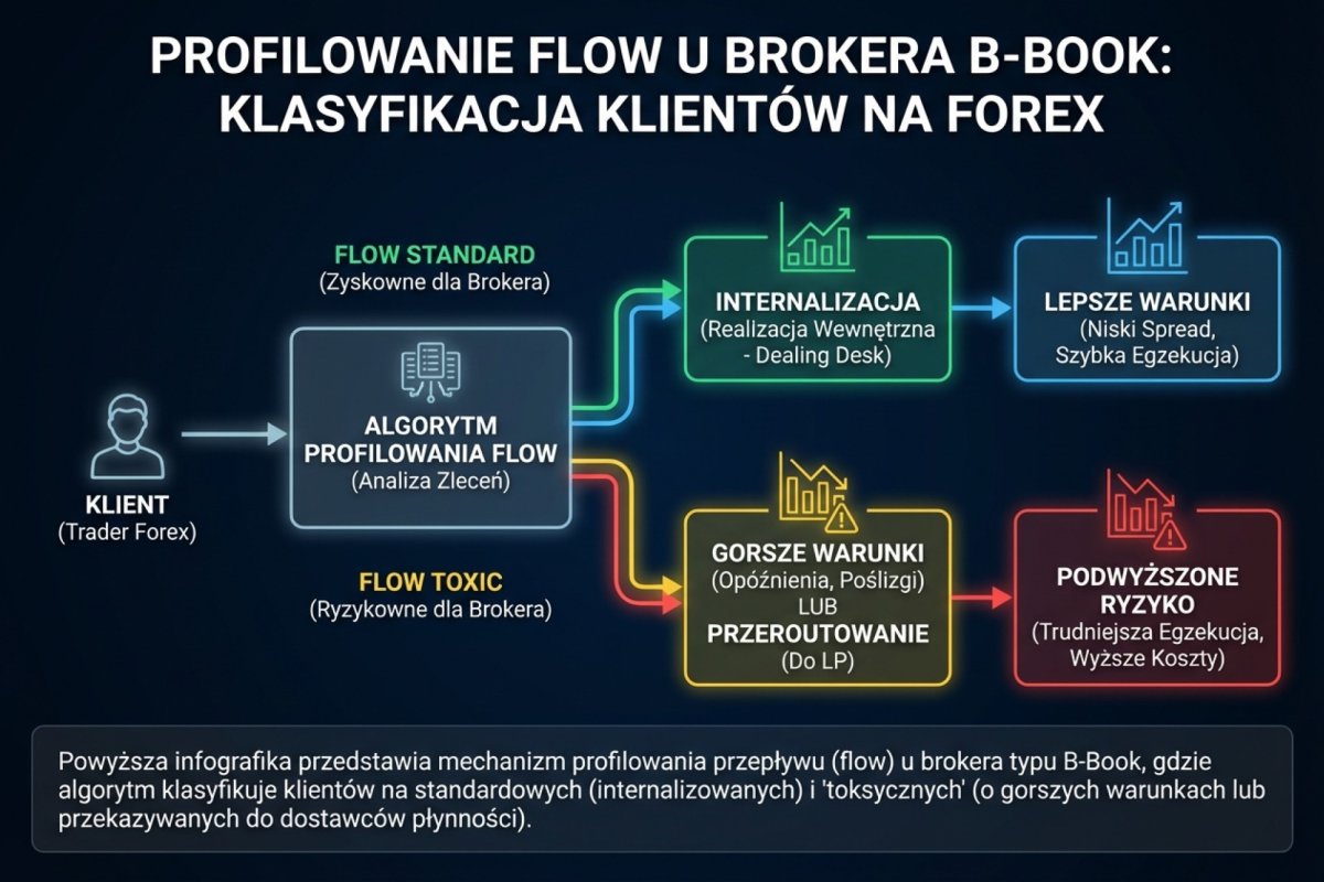 Klasyfikacja przepływu zleceń: rachunki podzielone na przepływ zwykły, zatrzymywany w księdze firmy, i przepływ kosztowny, przy którym firma sięga po zabezpieczenie zewnętrzne