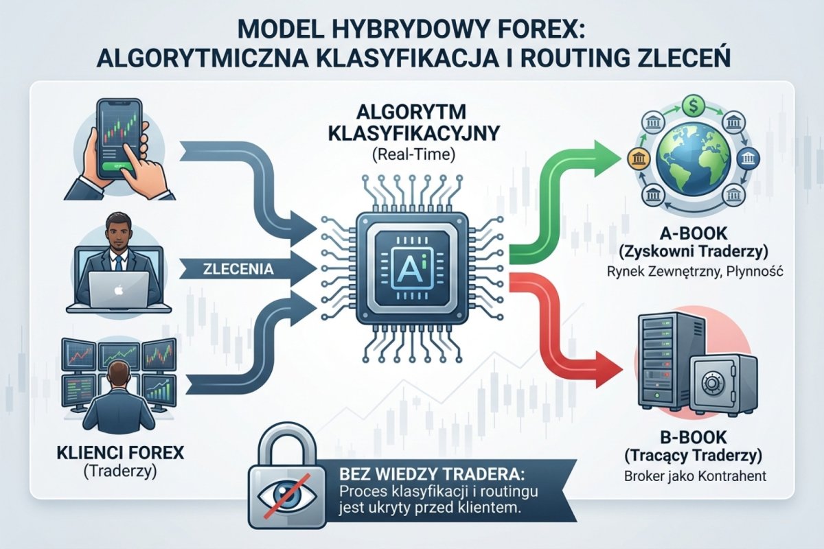 Model hybrydowy: ekspozycja z jednych rachunków trafia do internalizacji, z innych do zabezpieczenia zewnętrznego, a decyzja zapada na poziomie rachunku albo pojedynczego zlecenia