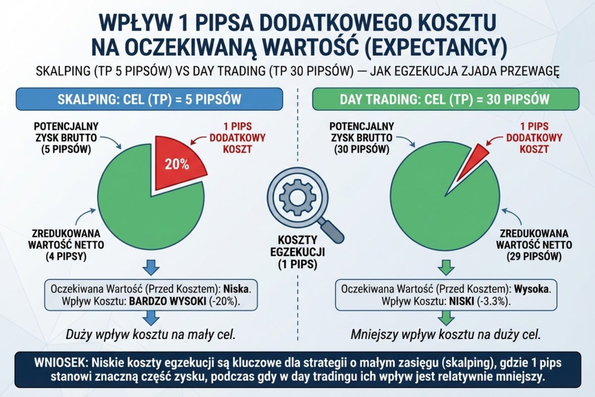 Zestawienie dwóch rachunków: ten sam jeden pips dodatkowego kosztu odniesiony do celu 5 pipsów i do celu 30 pipsów