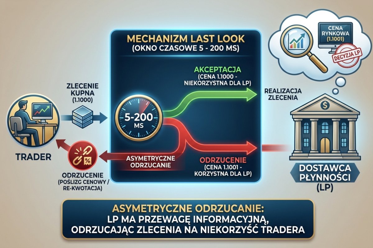Mechanizm last look: dostawca płynności ma krótkie okno na sprawdzenie ważności i ceny zlecenia, zanim je przyjmie albo odrzuci