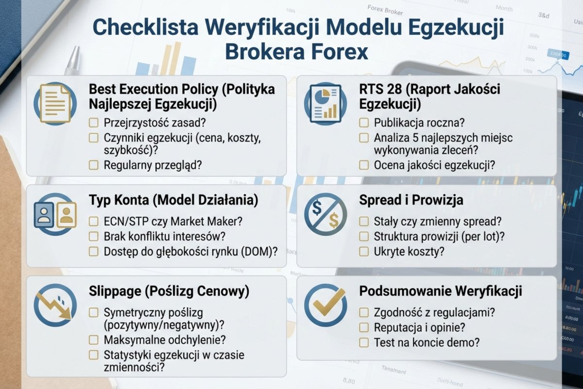 Checklista weryfikacji modelu egzekucji: podmiot prawny potwierdzony w rejestrze, polityka wykonywania zleceń, polityka konfliktu interesów i pytania zadane na piśmie