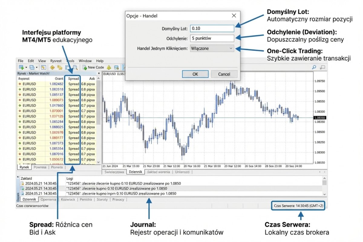 Parametry instrumentu w specyfikacji brokera — wielkość kontraktu, minimalny wolumen, krok wolumenu i wymagany depozyt — jako dane odczytywane, a nie domyślne ustawienia platformy