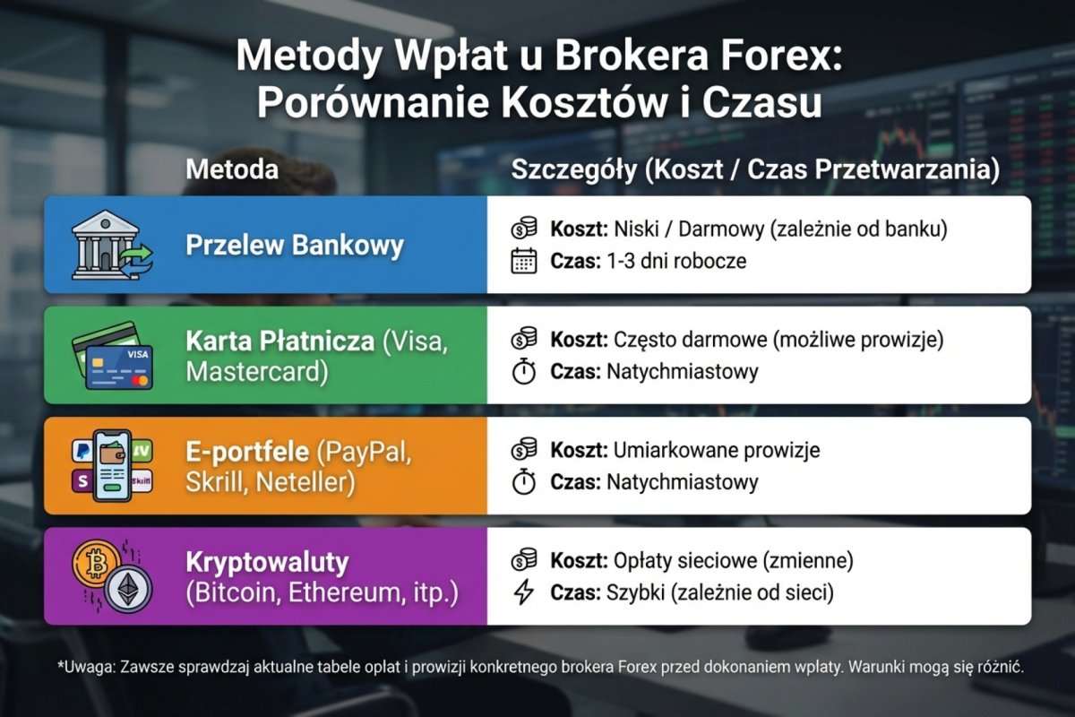 Porównanie kanałów wpłaty na rachunek maklerski pod kątem czasu księgowania, podmiotu ustalającego opłatę i możliwości reklamowania transakcji