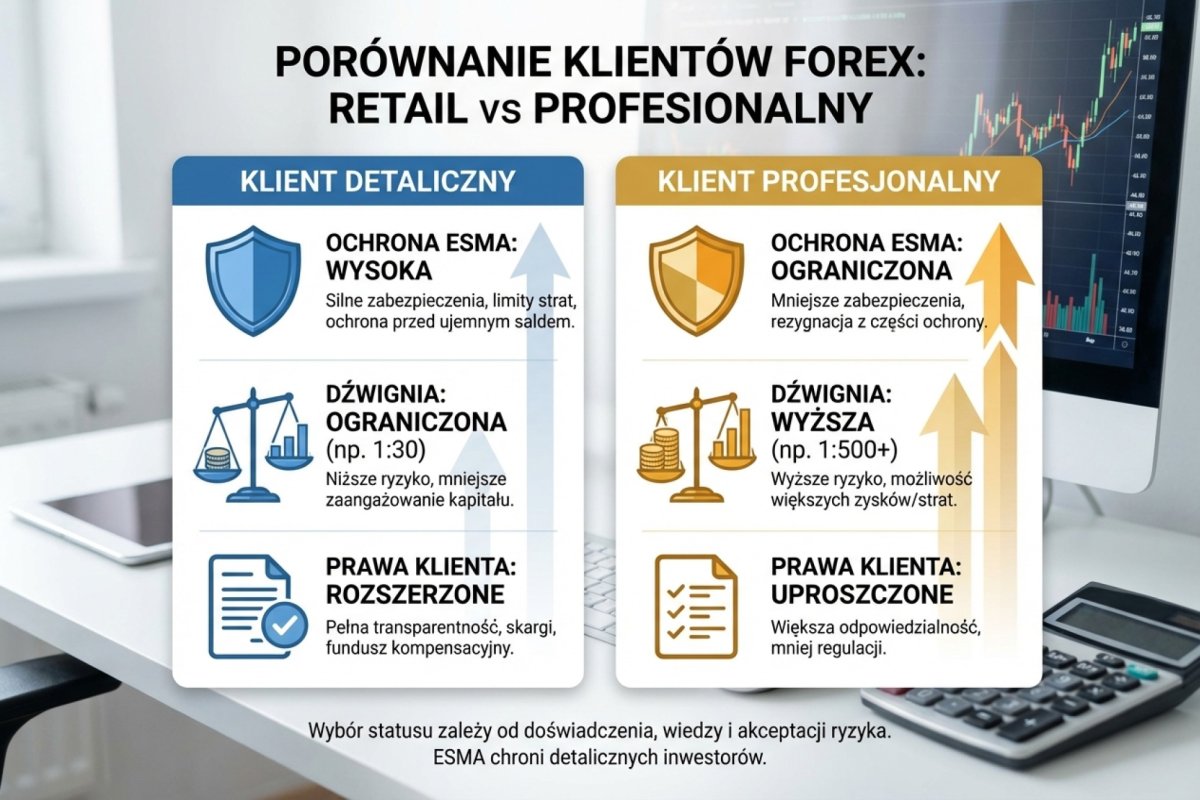 Trzy kolumny reżimu CFD w Polsce: klient detaliczny, klient detaliczny ze statusem doświadczonego i klient profesjonalny, z zakresem ochron przy każdej z nich