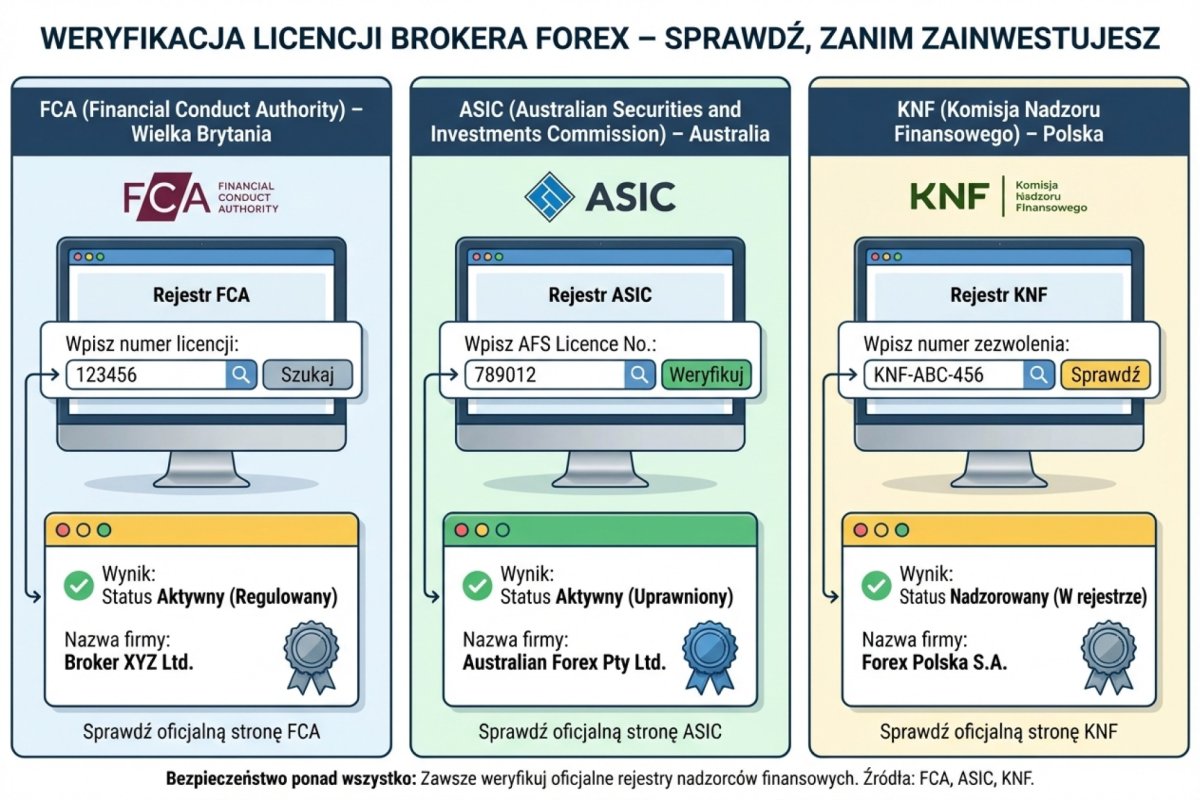 Kolejność weryfikacji brokera przed rejestracją: nazwa spółki z umowy, wpis w rejestrze organu nadzoru, zakres zezwolenia, lista ostrzeżeń publicznych