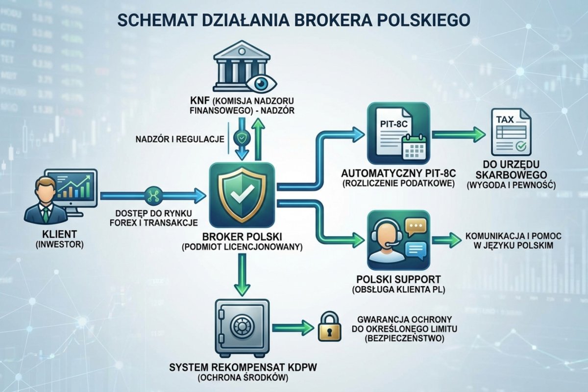 Schemat dwóch osi — cztery kategorie podmiotu: dom maklerski, bank prowadzący działalność maklerską, zagraniczna firma inwestycyjna i podmiot z państwa trzeciego, oraz trzy formy działania w Polsce