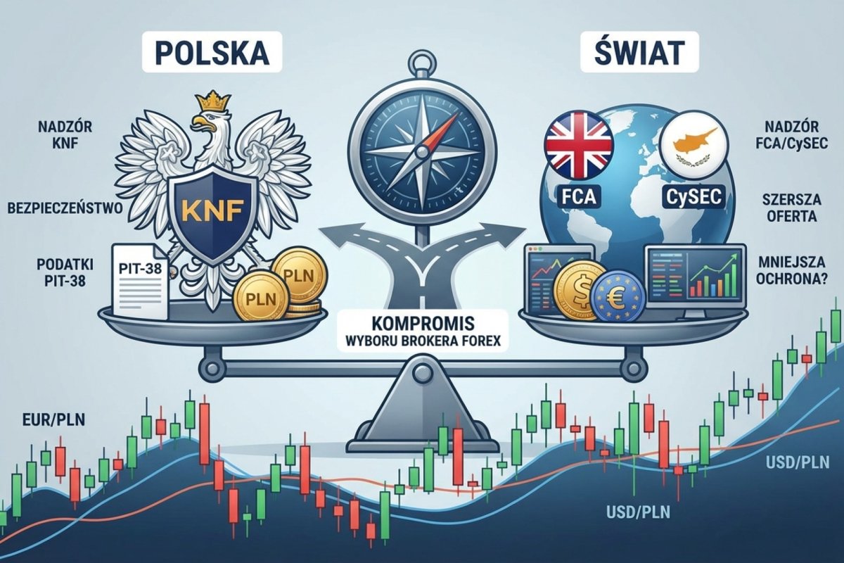 Broker polski vs zagraniczny — cztery kategorie podmiotu: dom maklerski, bank prowadzący działalność maklerską, zagraniczna firma inwestycyjna i podmiot z państwa trzeciego, oraz trzy formy działania w Polsce: zezwolenie krajowe, oddział i działalność transgraniczna bez oddziału — przy czym sam oddział występuje w dwóch reżimach: z notyfikacji i za zezwoleniem KNF