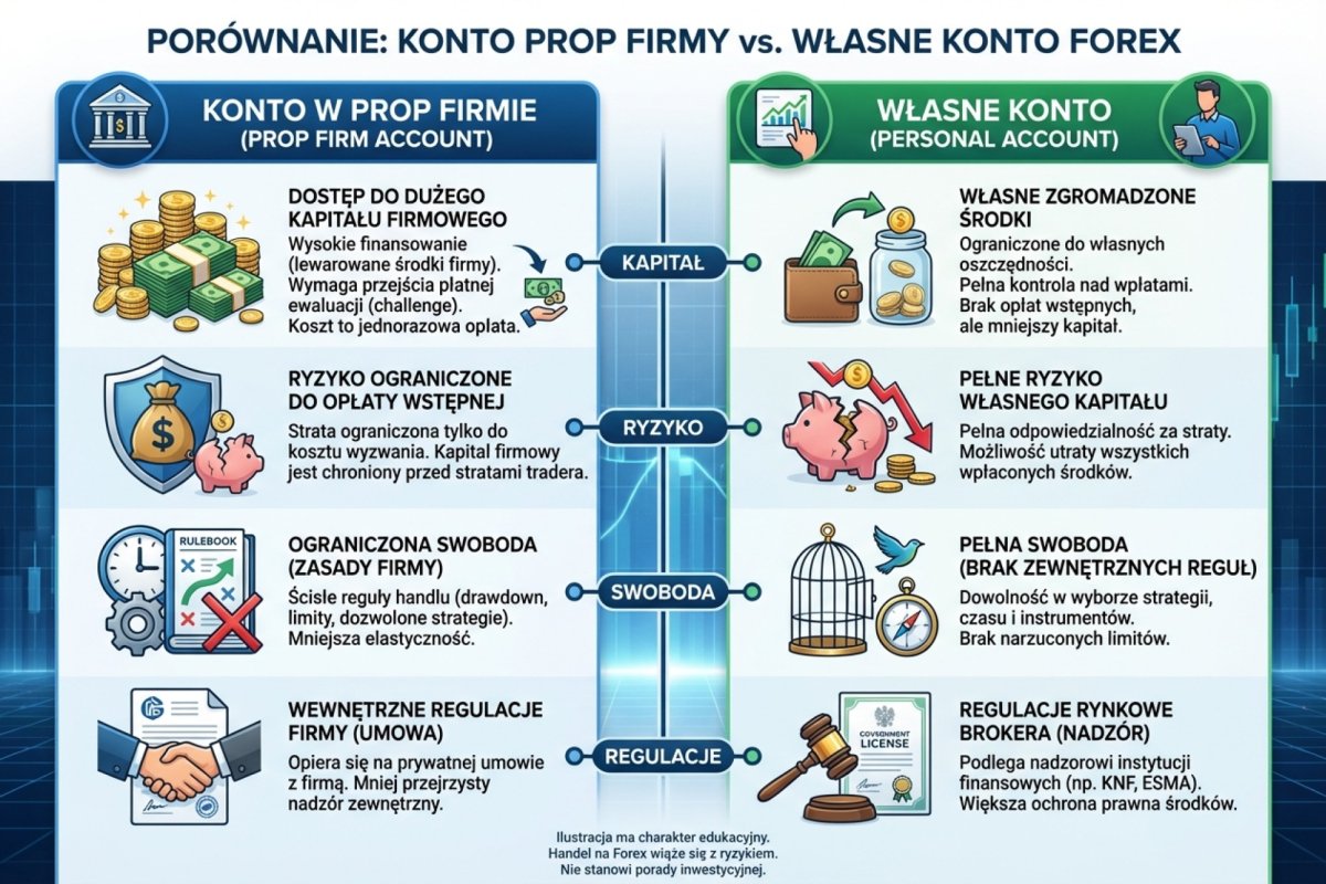 Zestawienie programu prop z własnym rachunkiem brokerskim — status prawny, charakter rachunku, ryzyko i roszczenie przy upadłości