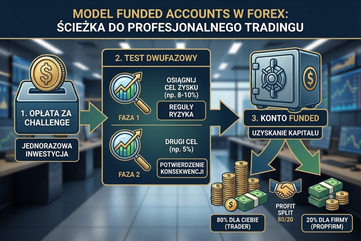 Model rachunku finansowanego — opłata za test, dwa etapy weryfikacji, rachunek demonstracyjny z podziałem wyniku