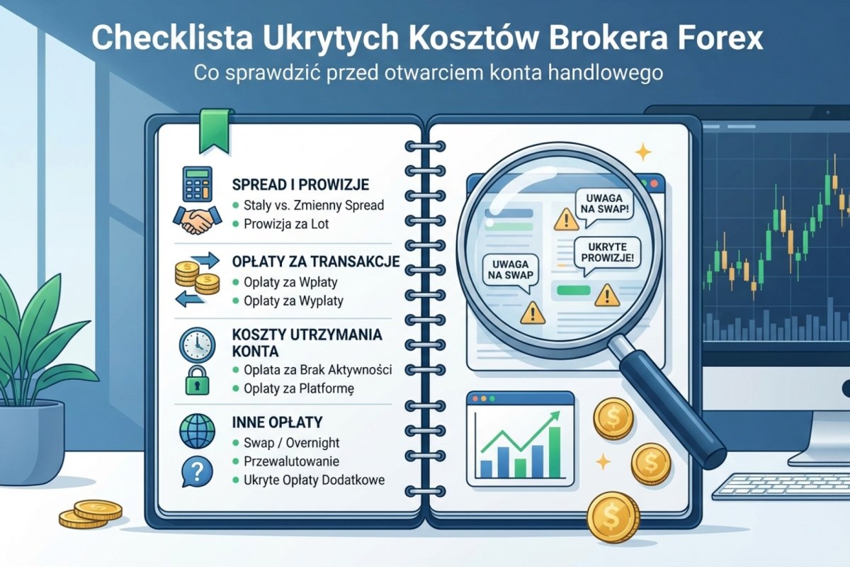 Checklista ukrytych kosztów brokera Forex — pozycja kosztowa, dokument źródłowy i typowy rząd wielkości