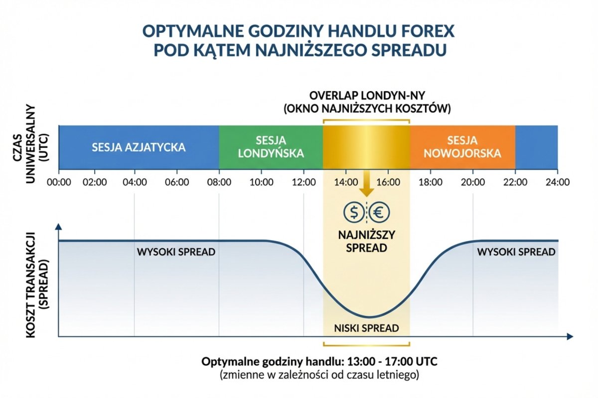 Godziny handlu Forex o najniższym spreadzie — overlap sesji londyńskiej i nowojorskiej jako okno najniższego kosztu wejścia